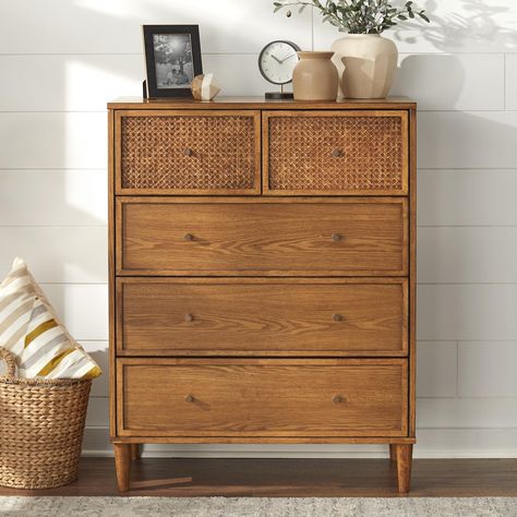 Lifestorey Maxwell 5-Drawer Chest with Natural Cane - On Sale - Bed Bath & Beyond - 40124712 Cane Bed, Chest Of Drawers Bedroom, Modern Chests, 5 Drawer Dresser, Tall Dresser, 5 Drawer Chest, Bedroom Furniture Dresser, Dresser Decor, Bedroom Dressers