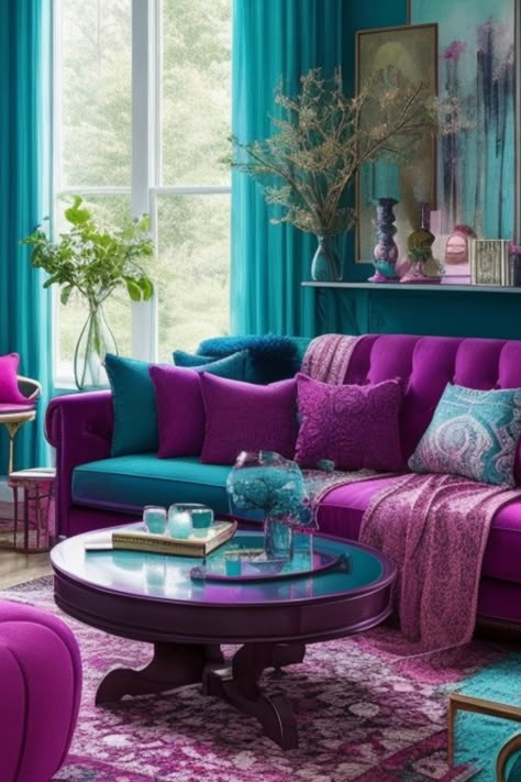 Experience the enchantment of our Dreamy Teal and Fuchsia living room collection, where mystical undertones transport you to a realm of wonder. Immerse yourself in the soothing embrace of the Dreamy Teal hues, reminiscent of a serene lagoon, while the vibrant Fuchsia accents add a touch of whimsy and intrigue. Elevate your space with this ethereal combination, and let the magic unfold in your home. Purple And Teal Living Room Ideas, Fuchsia Living Room, Turquoise Lounge, Tattoo Modern, Teal Rooms, Purple Living Room, Teal Living Rooms, Colourful Living Room Decor, Glam Living Room