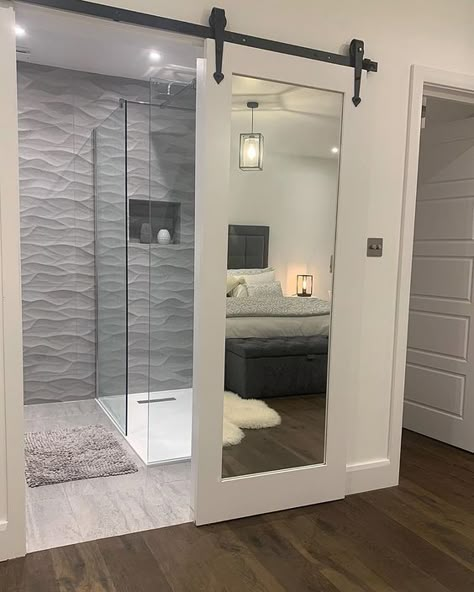 @houserenovationatno.47 on Instagram: “BARN DOOR TO EN-SUITE Thank you so much for all the lovely messages and likes for my post on the bath in our bedroom yesterday. we also…” Open Plan Bedroom And Bathroom, Attic Ensuite, Ensuite Layout, Loft Ensuite, Small Ensuite, Small Shower Room, Ensuite Ideas, Ensuite Shower Room, En Suite Shower Room