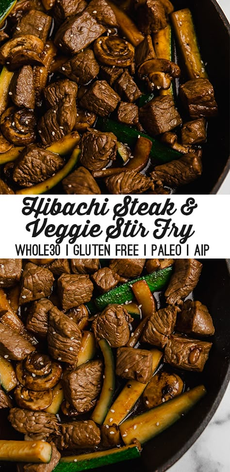 Steak Bites With Sweet Potatoes, Paleo Steak, Zucchini And Mushrooms, Hibachi Steak, Hibachi Recipes, Healthy Steak, Unbound Wellness, Steak And Mushrooms, Whole30 Keto