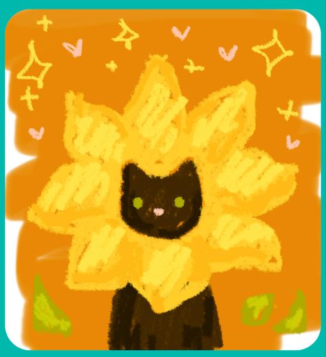 Cute Sunflower Drawing, Yellow Cat Drawing, Sunflower Pixel Art, Black Cat Doodles, Sunflower Pfp, Black And Yellow Aesthetic, Sunflowers Drawing, Sunflower Doodle, Sunflower Digital Art