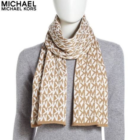 MICHAEL KORS LOGO SCARF Marc Jacobs Fashion, Monogrammed Scarf, Michael Kors Scarf, Scarf Collection, Cable Knit Scarf, Logo Scarves, Reversible Scarf, White Scarves, Christmas Favorites