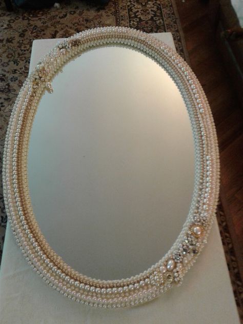 Oval mirror 31 x 21 - perfect for a dressing room or any wall in your home. Frame is covered in strands of pearls and vintage earrings. Mirror Redo, Pearl Mirror, Engagement Ring Platter, Ring Platter, Wedding Mirror, Butterfly Art Painting, Mirror Crafts, Crafts For Gifts, Rooms Decor