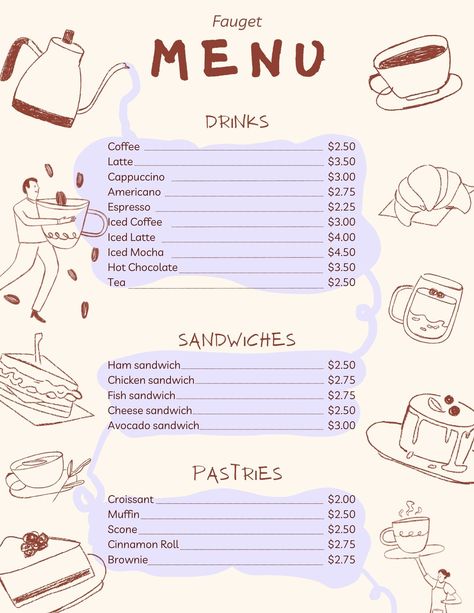 A cute beige and lavender menu for a coffee shop with hand-drawn illustrations. Bakery Menu Aesthetic, Cafe Menu Illustration, Cute Cafe Menu Design, Canva Menu Design, Coffee Menu Aesthetic, Menu Illustration Design, Cafe Menu Design Layout, Coffee Menu Design Ideas, Coffee Shop Menu Ideas