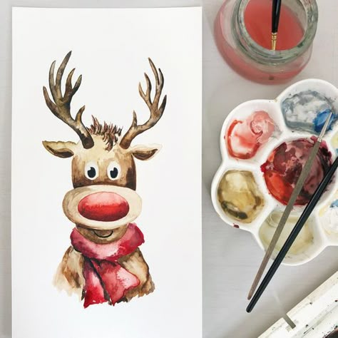 Red Nosed Reindeer Hand Painted Christmas Card Christmas illustration #christmasillustration Christmas illustrations #christmasillustrations #christmas #illustration #illustrations Merry christmas #merrychristmas  3.753 Rudolph The Red Nosed Reindeer Painting, Rudolf Painting, Christmas Painting Watercolor, Christmas Watercolour Painting, Watercolour Xmas Cards, Christmas Watercolour Card, Watercolour Reindeer, Christmas Card Painting Ideas, Christmas Cards Reindeer