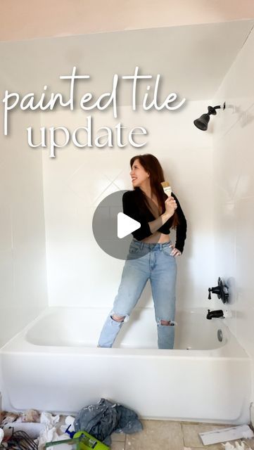 Kelsey Mackall | DIY & Real Life Reno on Instagram: "10 months later the painted shower is still going strong!!! The only thing that has stained was a cheap rose petal bath product and the only chips are from shower glass installation. It held up beautifully with day to day use and I still highly recommend this easy, cheap, DIY transformation. “TILE PAINT” for the 🔗" Rose Petal Bath, Diy Bathtub, Tile Paint, Painting Shower, Shower Glass, Glass Installation, Easy Cheap, Painting Tile, Glass Shower