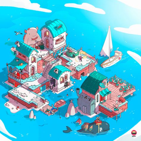 ArtStation - ISOMETRIC ART - Coastal Village Isometric Village Illustration, Isometric Video Game, Isometric Art Illustration, Isometric Illustration Design, Isometric Village, Isometric Game Art, Isometric Town, Isometric World, Isometric Island