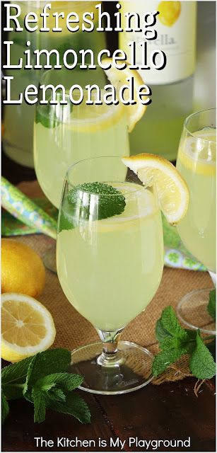 Limoncello Lemonade ~ Refreshingly delicious & super easy to make! With its combination of Limoncello, fresh lemon juice, & a hint of mint, it's one very tasty drink for poolside, front porch sitting, Sunday brunch, or even a summer bridal shower. www.thekitchenismyplayground.com Limoncello Lemonade, Limoncello Drinks, Front Porch Sitting, The Kitchen Is My Playground, Cold Drinks Recipes, Limoncello Cocktails, Limoncello Recipe, Simply Lemonade, Drink Recipies