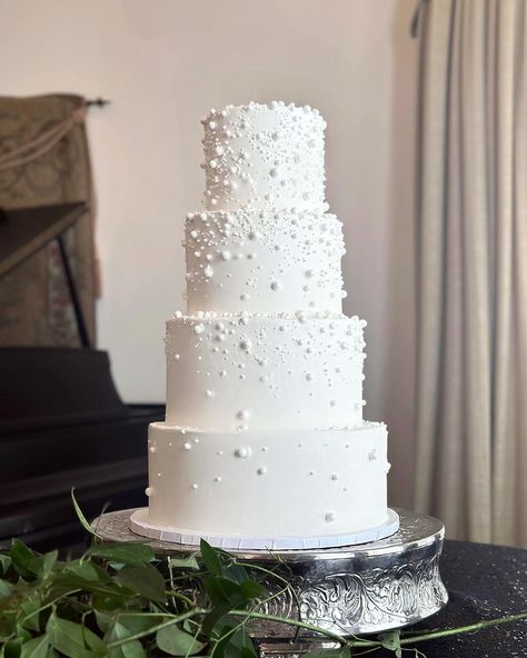 Repost: IG cakesbyanna21 #pearlweddingcake #weddingcake #weddingplanning #bridetobe #groomtobe #weddinginspiration #fourtiercake #fourtierweddingcake #traditionalweddingcake #uniqueweddingcake 4 Tier Pearl Wedding Cake, Wedding Cake For Black And White Wedding, Cake For Black And White Wedding, Pearl And Floral Wedding Cake, White Wedding Cake Pearls, Wedding Cake With Baby Breath Flowers, Pearls On Wedding Cake, Wedding Cake Designs Pearls, Elegant Pearl Wedding Cake