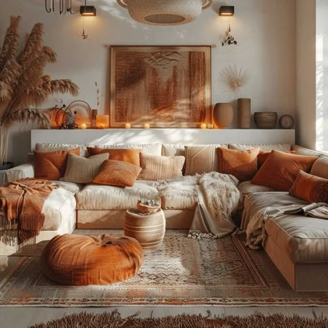 Boho Living Room Grey Sofa, Apartment Decor Color Schemes, Earthy Colorful Living Room, Desert Office Decor, Studio Apartment Color Scheme, Home Decor Color Schemes, Earthy Living Room, Boho Lounge, Living Room Color Schemes