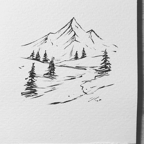 How To Draw Forest, Pencil Sketch Tattoo, Well Sketch, Pen Sketch Ideas, Forest Sketch, Mountain Sketch, Forest Drawing, Mountain Drawing, Nature Sketch