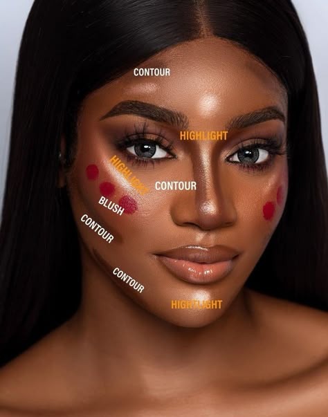 Highlighter Makeup Black Women, Contour Makeup For Black Women, Best Makeup For Black Women, How To Highlight Face, Makeup For Headshots Tips, Biracial Makeup Looks, Make Up On Dark Skin Women, Dark Brown Skin Makeup, Oval Face Makeup Tips