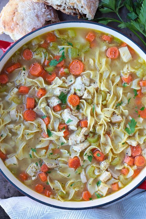 The best Homemade Turkey Soup is made with leftover turkey bones! Cozy and comforting, it's the best bowl of turkey soup you'll ever taste! Leftover Turkey Noodle Soup, Chicken Noodle Soup Healthy, Chicken Noodle Soup Recipes, Leftover Thanksgiving Turkey Recipes, Homemade Turkey Soup, Easy Leftover Turkey Recipes, Chicken Noodle Soup Recipe Homemade, Homemade Soup Recipes, Turkey Noodle Soup