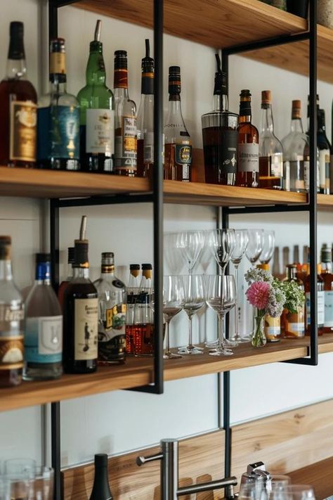 Creative Bar Shelving Ideas for Your Home Shelves In Bar Area, Bar Shelves Ideas Liquor, Bar Shelving Ideas, Bar Open Shelving, Diy Bar Shelves, Bar Shelves Ideas, Back Bar Shelving, Glass Bar Shelves, Wall Bar Shelf