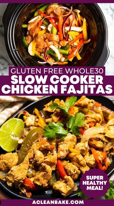 a plate of chicken, onions, and grilled peppers Grain Free Tortillas, Slow Cooker Fajitas, Crockpot Fajitas, Slow Cooker Chicken Fajitas, Gluten Free Crock Pot Recipes, Chicken Fajitas Crockpot, Family Dinner Recipe, Freezer Dinners, Homemade Fajita Seasoning