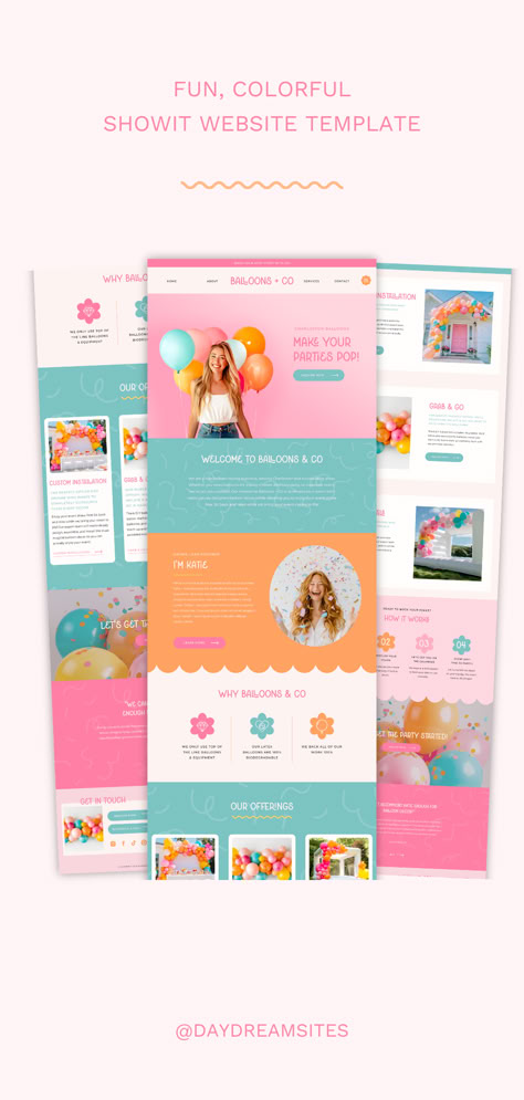 fun, colorful Showit website template Party Planner Website Design, Balloon Website Design, Bright Website Design Inspiration, Birthday Website Design, Fun Website Design Creative, Balloon Branding, Playful Website Design, Website Design Color Palettes, Bounce House Business