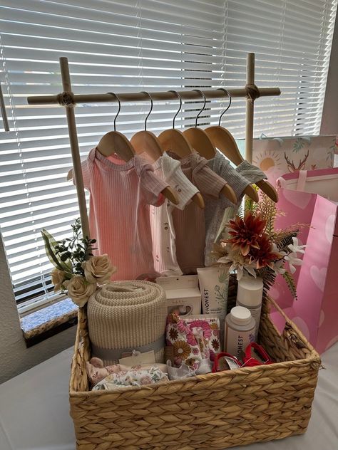 Baby Gift Basket - Etsy Baby Shower Gift Basket With Clothes Line, Baby Mama Gift Basket, Baby Basket With Hanging Clothes, Baby Gift Basket With Hanging Clothes, Baby Shower Baskets Girl, Soon To Be Mom Gift Basket, Cute Baby Baskets Gift Ideas, Special Baby Gifts, Baby Shower Basket With Hanging Clothes