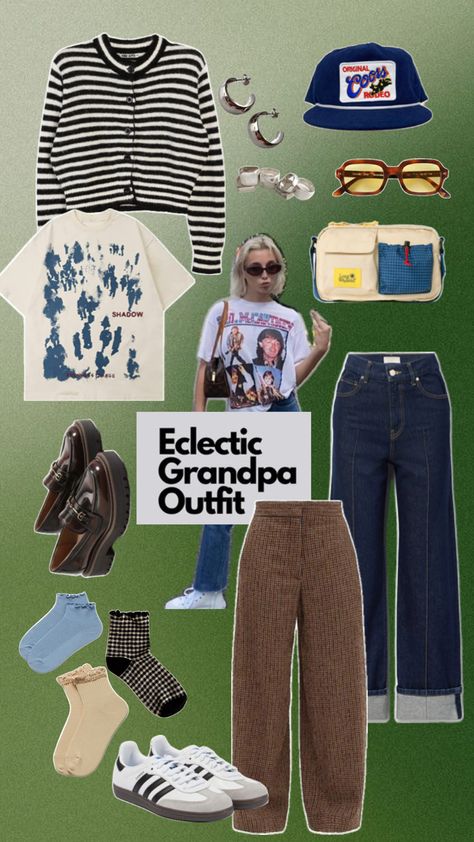 eclectic grandpa eclectic grandma outfit inspiration women’s fashion style adidas sambas Emma chamberlain jeans Emma Chamberlain Jeans, Grandma Outfit, Eclectic Grandma, Grandpa Fashion, Grandpa Outfit, Emma Chamberlain Outfits, Grandma Clothes, Eclectic Outfits, Outfit Inspiration Women