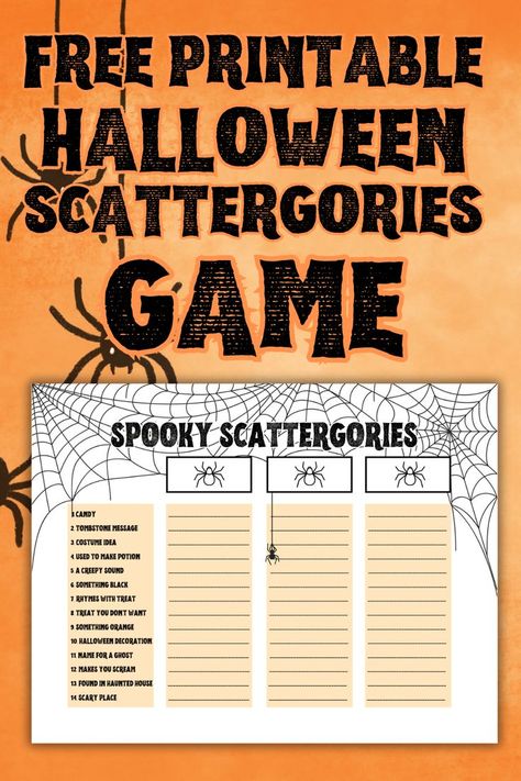 Halloween Scattergories, Free Halloween Games, Adult Halloween Party Games, Halloween Party Ideas For Kids, Scattergories Game, Fun Halloween Party Games, Halloween Party Activities, Halloween Class Party, Free Printable Halloween