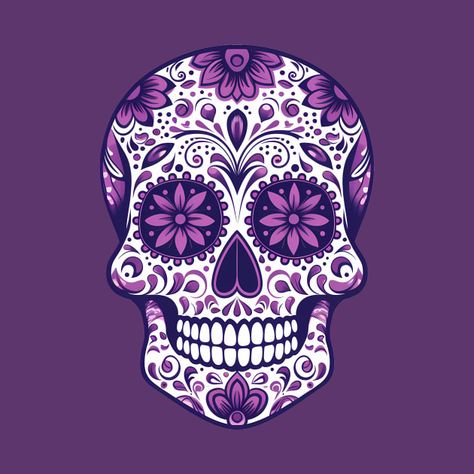 Check out this awesome 'Day+Of+The+Dead+Cute+Purple+Sugar+Skull' design on @TeePublic! Sugar Skull Design Pattern, Painted Skull Ideas, Candy Skull Art, Monster Mugs, Sugar Skull Images, Mexican Skull Art, Sugar Candy Skulls, Purple Sugar Skull, Sugar Skull Drawing