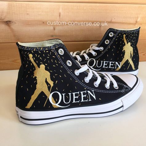 Queen Confetti | Custom Converse Ltd Lillian Core, Custom Trainers, Queen Merch, Queen Shoes, Queen Logo, Converse Design, Converse Custom, Black High Top Converse, Converse Trainers