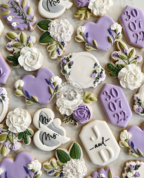 Purple Wedding Cookies Decorated, Purple And White Bridal Shower Ideas, Lavender Decorated Cookies, Purple Bridal Shower Cookies, Purple Wedding Cookies, Purple Bridal Shower Theme, Lavender Cookies Decorated, Lavender Haze Bridal Shower Ideas, Lilac Bridal Shower Ideas