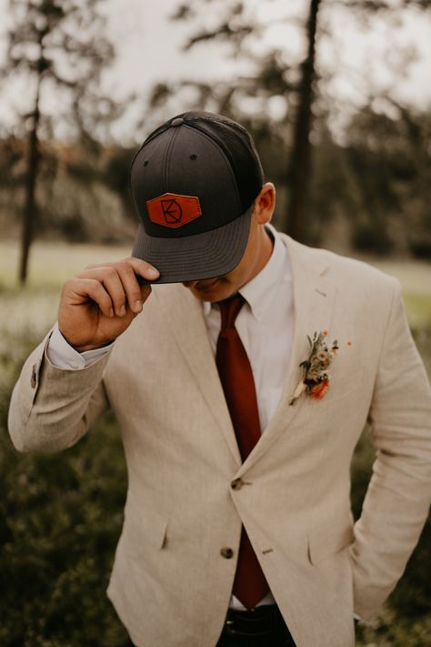 Groom With Hat On, Wedding Hats For Men Groom Attire, Groom Suit With Hat, Groom Wearing Hat, Groom Wearing Baseball Hat For Wedding, Groomsmen With Ball Caps, Groom With Baseball Hat, Groom Ball Cap Wedding, Groomsmen Ball Caps