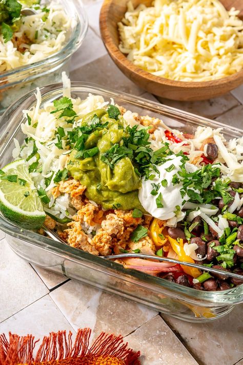 Turkey Burrito Bowls - Fed & Fit Turkey Burrito Bowl, Roasted Peppers And Onions, Seasoned Ground Turkey, Turkey Roasted, Burrito Bowl Meal Prep, Healthy Eats Recipes, Rice Black Beans, Turkey Bowl, Fed And Fit