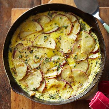 *Potato-Thyme Frittata* - One of my favorite frittata recipes so far. Love the thyme flavor. Subbed sliced green onions for regular onions and sprinkled with a few tbsp Parmesan before baking. Potato Frittata, Frittata Recipes, Midwest Living, Egg Dishes, Easy Brunch, Garlic Herb, Swiss Cheese, Omelet, Brunch Ideas