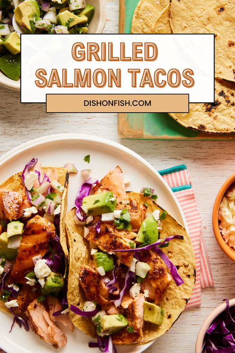 Which brings us to our latest creation—grilled salmon tacos with avocado-lime salsa. This recipe takes your standard taco to a whole new level of deliciousness. With just a few simple steps, you can whip up a batch in minutes. Plus, you’ll be reaping all the incredible nutritional benefits of salmon! Packed with omega-3 fatty acids and protein, salmon is not only incredibly tasty but also great for your health. Benefits Of Salmon, Grilled Salmon Tacos, Salmon Tacos Recipe, Healthy Seafood Dishes, Colorful Salad, Fish Salmon, Salmon Tacos, Recipes Seafood, Easy Mediterranean Diet Recipes