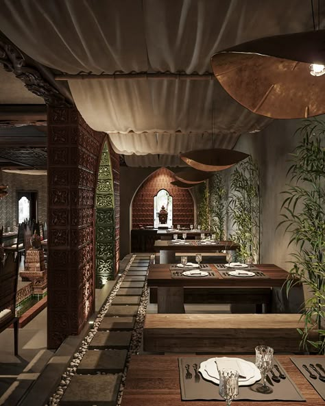 CHÀM RESTAURANT :: Behance Partition Wall Restaurant, Seafood Restaurant Exterior, Asian Restaurant Interior Design, Thai Restaurant Design, Restaurant Interior Design Modern, Thai Interior Design, Asian Restaurant Design, Rooftop Restaurant Design, Japanese Restaurant Design