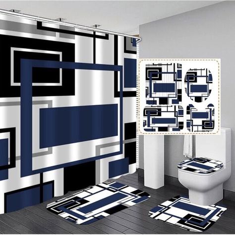 Yddsky 4 Pcs Blue Geometric Shower Curtain Sets Non-Slip Rugs Bath Mat, Toilet Elegant Bathroom Rugs, Modern Home Bathroom, Two Shower Curtains, Bathroom Decor Shower Curtains, Striped Shower Curtain, Marble Shower Curtain, Grey And White Bathroom, Modern Shower Curtain, Home Bathroom Decor