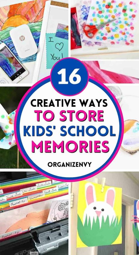 16 Beautiful Ways to Store & Organize Kids' School Work Memories Storing Kids Artwork, Kids Artwork Storage, Organizing Kids Artwork, Kids School Organization, School Work Organization, Kids Artwork Display, Kids School Papers, Ideas For Recycling, Displaying Kids Artwork