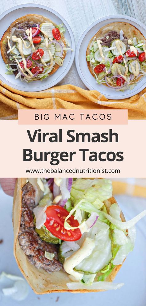 Try these smash burger tacos for a juicy, easy meal! This recipe uses tortillas, ground beef, and a special sauce. Inspired by big mac tacos and big mac taco burger, these burger tacos are a healthier twist on the smash burger. Enjoy the best smash burger taco and try this tiktok viral smashed taco burger today! Tortilla Burger, Burger Smash, Balanced Dinners, Smash Burger Tacos, Big Mac Tacos, Mac Tacos, Burger Tacos, Taco Burger, Entree Ideas