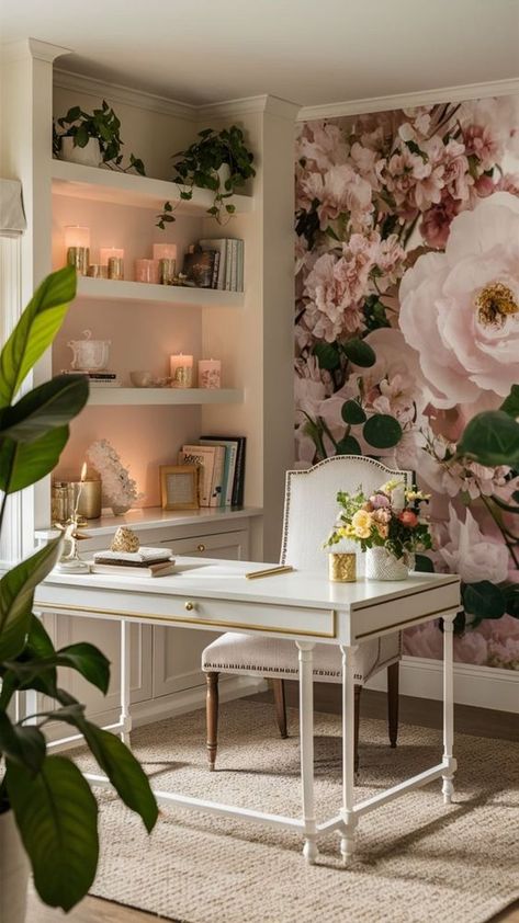 Office Space At Home Ideas, Floral Office Decor Work Spaces, Beautiful Home Offices For Women, Feminine Office Decor Ideas, Feminine Desk Setup, Rustic Glam Office, Small Space Office Ideas, Girly Office Ideas, At Home Office Ideas