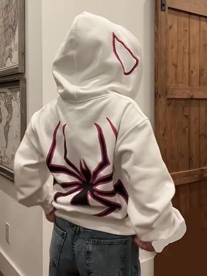 Spider Print, Oversized Hoodie, Unisex Gothic Harajuku Sweatshirt with Spider Zipper Design, Spider Gwen, Spiderman, Ghost Spider, White, Pink, Black, Cute. Link for Hoodie in Pin!!! Spider Gwen Hoodie, Spiderman Hoodie Aesthetic, Spiderman Hoodie Outfit, Zip Up Hoodies Aesthetic, Spider Gwen Aesthetic, Gwen Aesthetic, Spiderman Jacket, Spiderman Things, Casual Tomboy Outfits