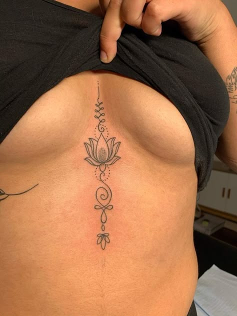 Tatoos Between The Chest, Chest Tattoos For Women Unique, Tattoo Ideas Female Middle Of Chest, Female Sternum Tattoo Ideas, Inner Chest Tattoos For Women, Inbetween Breast Tattoo Ideas, Girls Chest Tattoos, Simple Stomach Tattoos, Tattoo Under Buttcheek