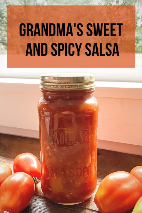 The recipe for my grandma's sweet and spicy salsa made with fresh tomatoes and a secret ingredient! Picante Salsa Recipe, Spicy Salsa Recipe For Canning, Sweet And Spicy Salsa Recipe, Wonderful Salsa, Pressure Cooker Salsa, The Best Salsa Recipe, Sweet And Spicy Salsa, Hot Salsa Recipes, Spicy Salsa Recipe