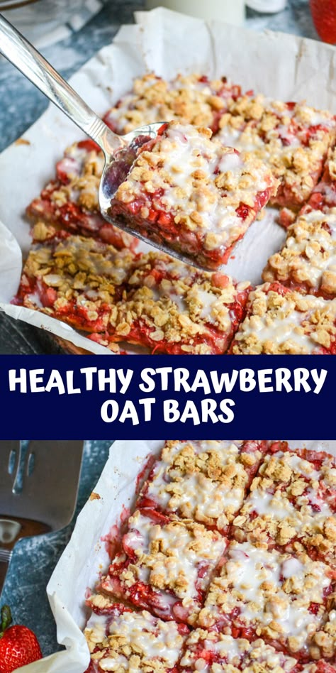 Healthier strawberry oat bars allow you to enjoy delicious breakfast bars with less guilt. Bursting with strawberries, these chewy oatmeal bars are a sweet way to start or end the day. #healthybars #healthy #healthyrecipe #recipe Strawberry Oat Bars, Strawberry Granola Bars, Healthy Strawberry Recipes, Oat Bars Recipe, Oatmeal Bars Healthy, Strawberry Oatmeal Bars, Oatmeal Breakfast Bars, Strawberry Breakfast, Strawberry Oatmeal