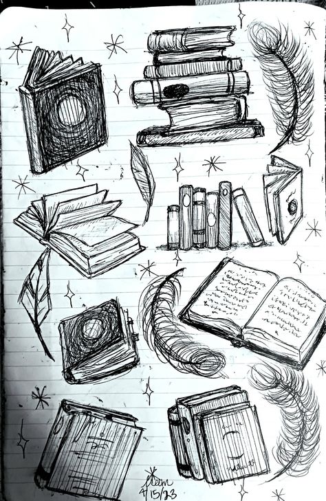 Drawing Of A Journal, Books Sketch Drawing, Study Drawing Aesthetic, School Sketches Doodles, Sketch Book Front Page Ideas, Books Drawing Sketches, How To Draw A Book, Guidebook Drawing, Journal Inktober