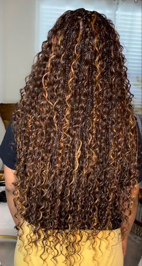 Boho Braids Brown And Black, Boho Braids Honey Brown, Goddess Braids Honey Brown, Black And Honey Brown Boho Braids, Honey Goddess Braids, Honey Brown Knotless Braids Boho, Black Braids With Brown Curls, Honey Brown Boho Braids, Honey Brown Goddess Braids