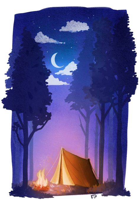 Go Camping by Floortje Visser. This stylized Procreate illustration was created for a book publication about Color Theory by Art with Flo. It demonstrates and warm and cold contrast between colors and captures the mood of camping. Art with Flo uses her own unique brushes to create digital paintings and illustrations with texture and depth. Cool And Warm Colours Paintings, Camping Sketch, Illustrator Projects, Digital Drawing Tutorial, Camping Drawing, Warm And Cold Colours, Nft Crypto Art, Contrast Art, Poster Color Painting