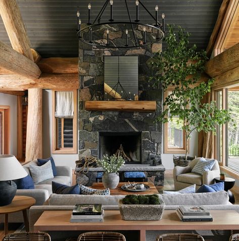 Inviting Interiors Warm Up a Canadian Log Home — Better Homes & Gardens Half Log Interior Walls, Log Interior Walls, Log Interior, Cabin Interior Design Ideas, Log Cabin Interior Design, Cabin On Lake, Canadian Decor, Inviting Interiors, French Colonial Style