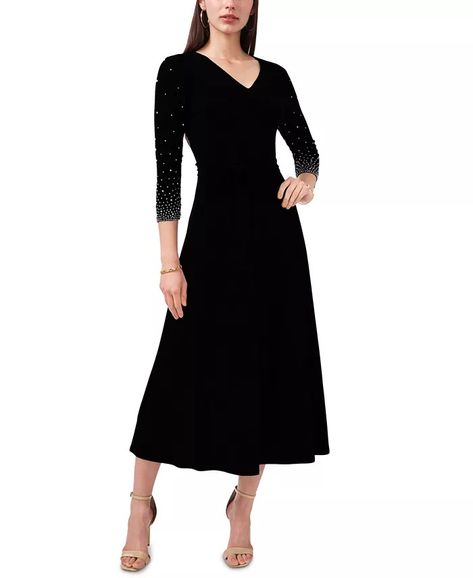 MSK - V-Neck Beaded Midi Dress Bridesmaid Outfit Ideas, Petite Midi Dress, Embellished Midi Dress, Clothing Subscription, Stretch Knit Dress, Nails Natural, Girls Costumes, Christmas Clothes, Belted Midi Dress