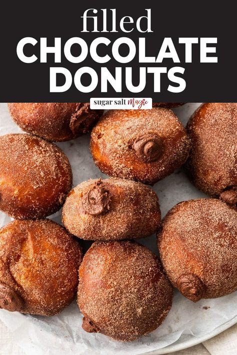 These soft, fluffy chocolate filled donuts are classic fried donuts with a cocoa sugar coating and rich, chocolate ganache filling. Chocolate Donuts Fried, Fried Chocolate Donut Recipe, Chocolate Filled Beignets, Chocolate Donut Filling, Chocolate Cream Filled Donut, Donuts Filled, Sweet Baking Recipes, Chocolate Donuts Baked, Donut Filling