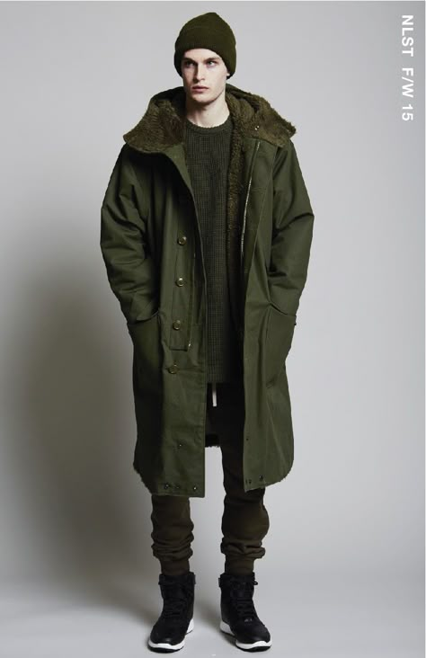 NLST F/W 15 MEN #NLST #FW15 #ARMY #menswear Parka Jacket Outfit Men, Chinese Male Fashion, Mens Military Fashion, Parka Outfit Men, Mens Winter Clothes, Parka Jacket Men, Parka Outfit, Parka Men, Men Parka