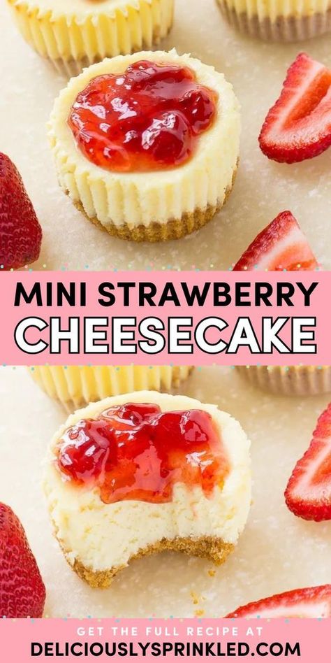 Always a must-have summer dessert idea! Whether topped with strawberry sauce or fresh strawberries, these mini cheesecakes are delicious. These strawberry cheesecake bites are also an easy 4th of July recipe to serve at your party! Strawberry Cheesecake Bites Recipe, Strawberry Cheesecakes, Mini Strawberry Cheesecake, Mini Cheesecake Bites, Easy Strawberry Cheesecake, Strawberry Cheesecake Bites, Cookie Cups Recipe, Cheesecake Bites Recipe, Strawberry Cheesecake Recipe