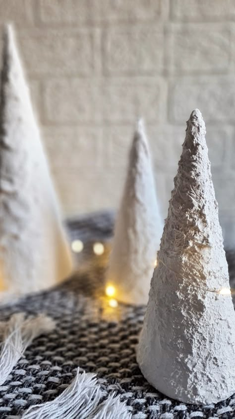 Paper mache textured Christmas cone trees Paper Mache Trees Christmas, Paper Mache Christmas Tree Diy, Papier Mache Christmas Tree, Paper Mache Christmas Decorations, Paper Mache Christmas Tree, Paper Mache Christmas Ornaments, Xmas Clay, Christmas Cone Trees, Christmas Tree Ornaments Diy