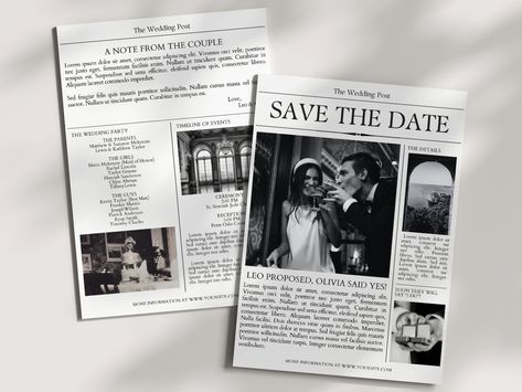 Save The Date Newspaper, Newspaper Invitation, Freelancing Ideas, Wedding Newspaper Template, Black And White Wedding Theme, Wedding Newspaper, Wedding Post, White Wedding Theme, Newspaper Template