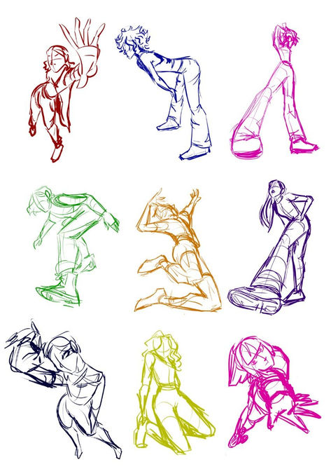 Poses in different angles practice Different Angle Poses Drawing, Over Exaggerated Poses Drawing, Dynamic Pose Tutorial, Above Angle Pose Reference, Female Perspective Poses Drawing, Falling Drawing Reference Front View, Body Angles Drawing Pose Reference, Bottom Angle Reference, Angled Poses Drawing